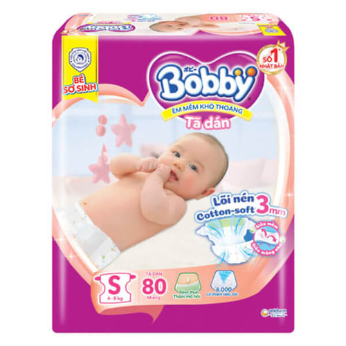 Tã dán Bobby siêu thấm - khô thoáng (S, 4-8kg, 80 miếng)